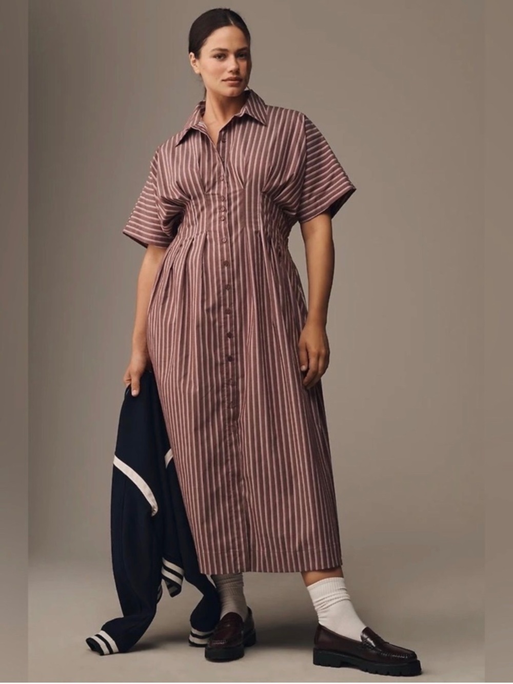 Anthropologie Exquise Toby Striped Shirt Dress Brown Pink L NWOT